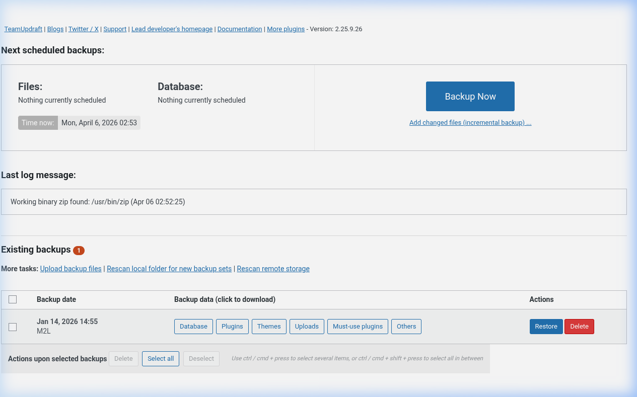 WordPress UpdraftPlus Dashboard