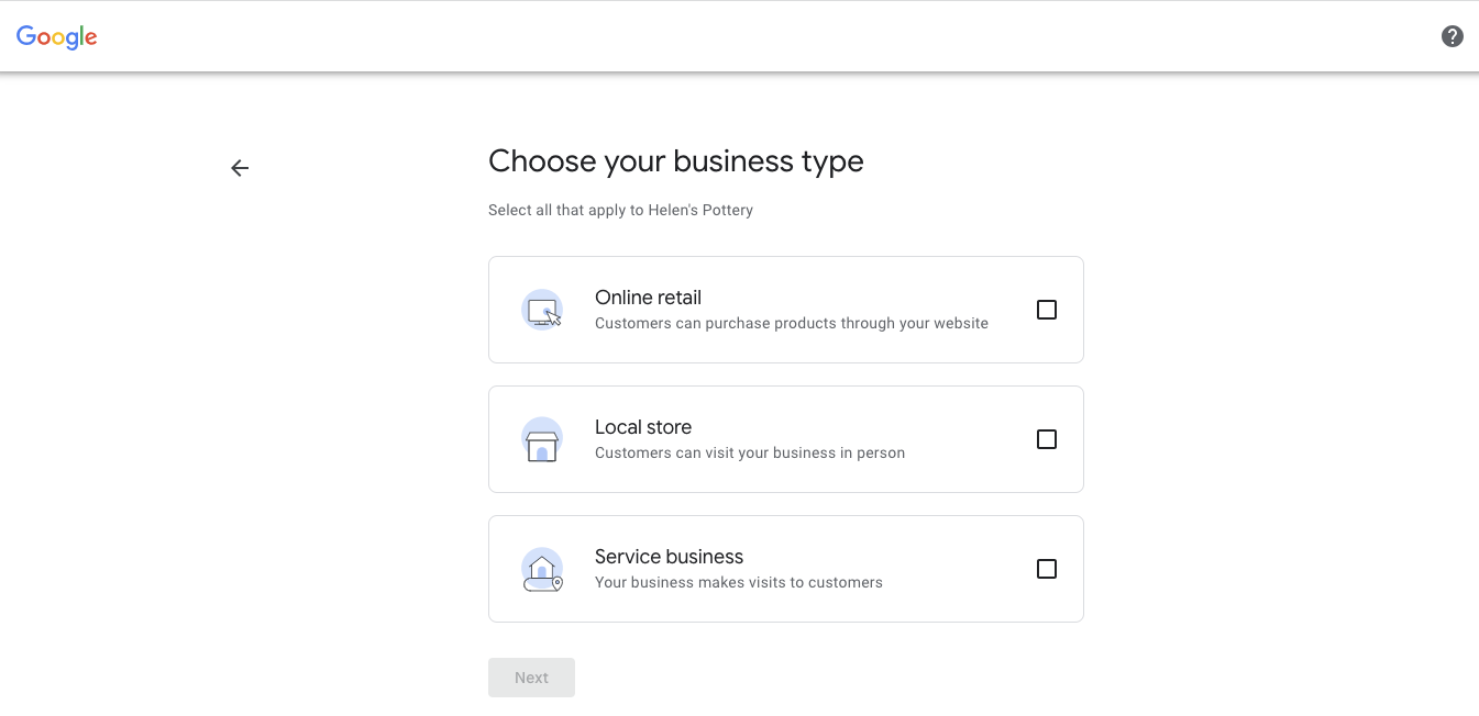 Google Business Profile business type screen with options such as online retail local store and service business