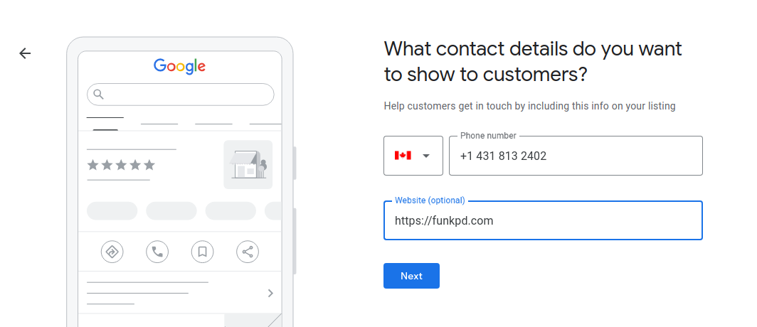Google Business Profile contact details screen with phone number and website fields