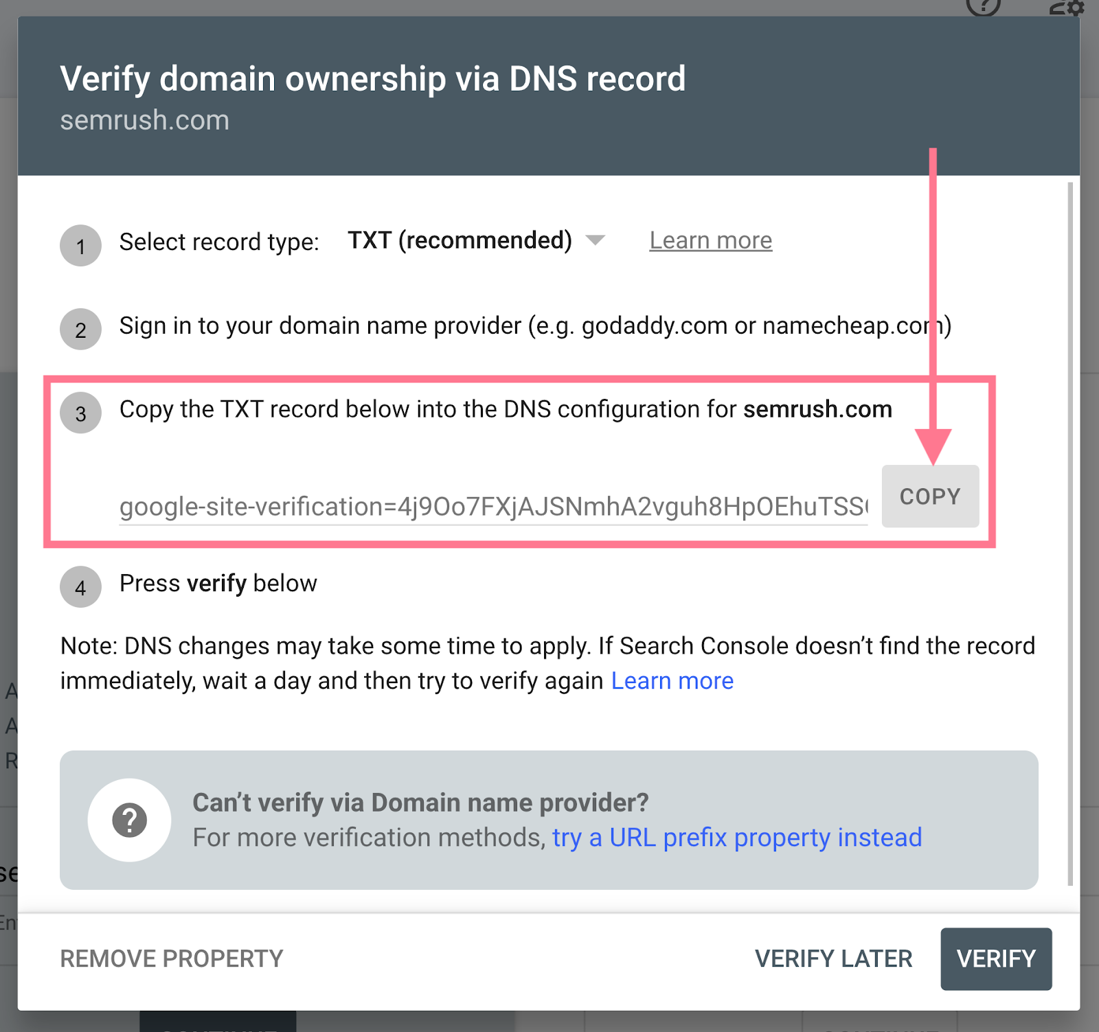Google Search Console DNS verification screen showing the TXT record copy button