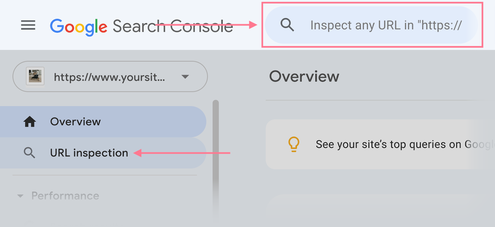Google Search Console URL Inspection entry point in the top search bar and sidebar